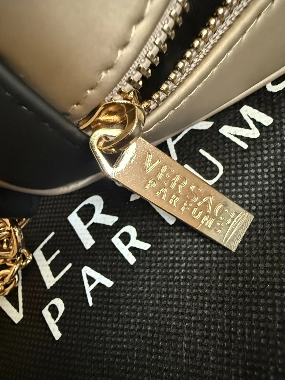 Versace Taupe Crossbody Bag with Gold Chain Strap